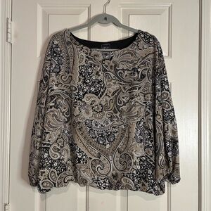 Coco Bianco Beige Black Paisley Long-Sleeve Blouse